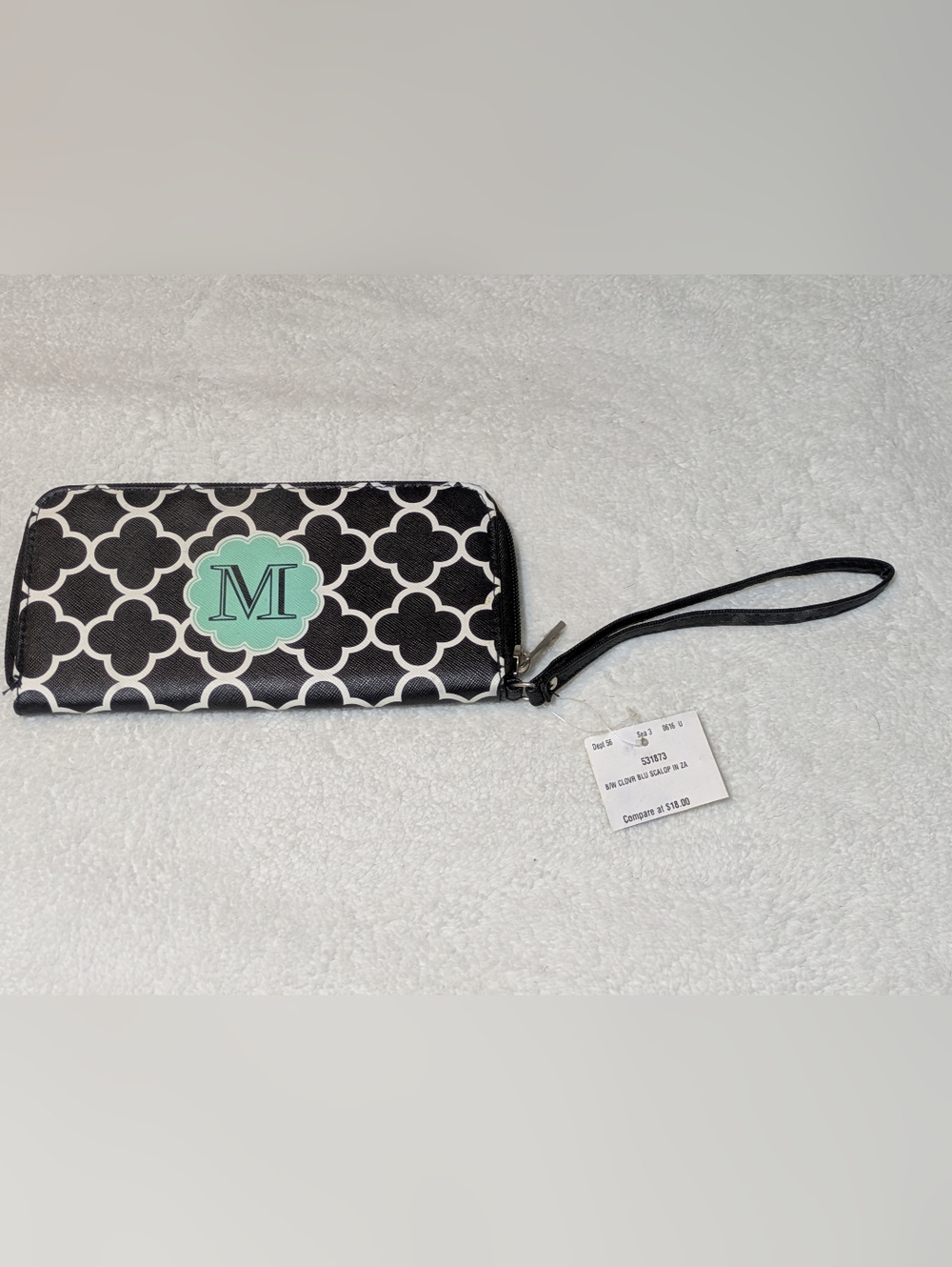 Wristlet Wallet - Black/White Lattice with "M" Monogram Zip Around Card Case